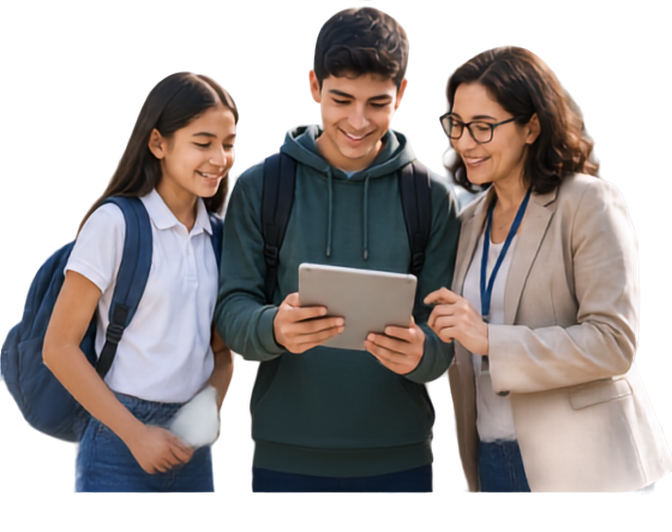 Docente y estudiantes revisando información en tablet